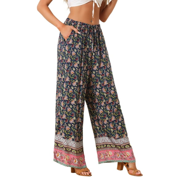 DARING DIVA Women's Drawstring Waist Wide Leg Floral Pants with Pockets XS Navy Blue