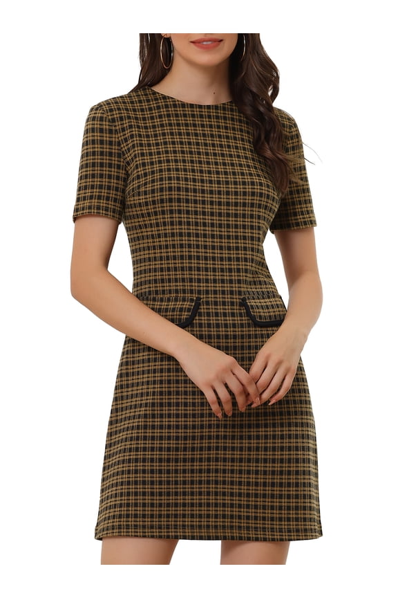 Women's Dress Short Sleeve Vintage Houndstooth Dresses L Brown