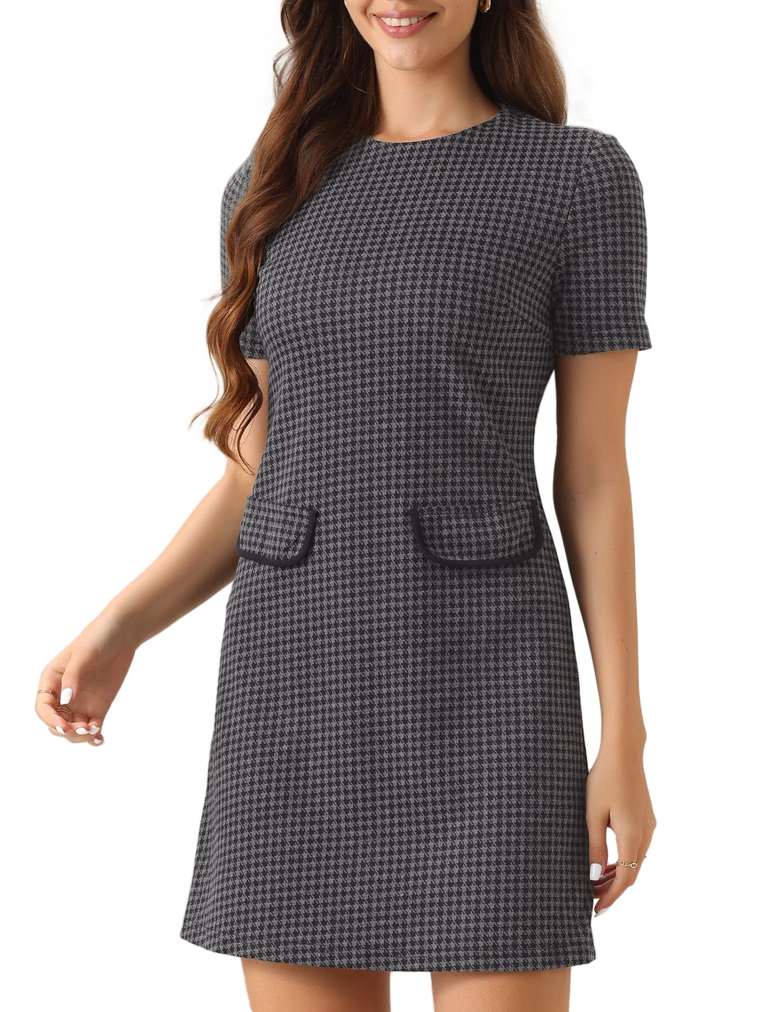 DARING DIVA Women's Dress Short Sleeve Vintage Houndstooth Dresses L Gray Houndstooth