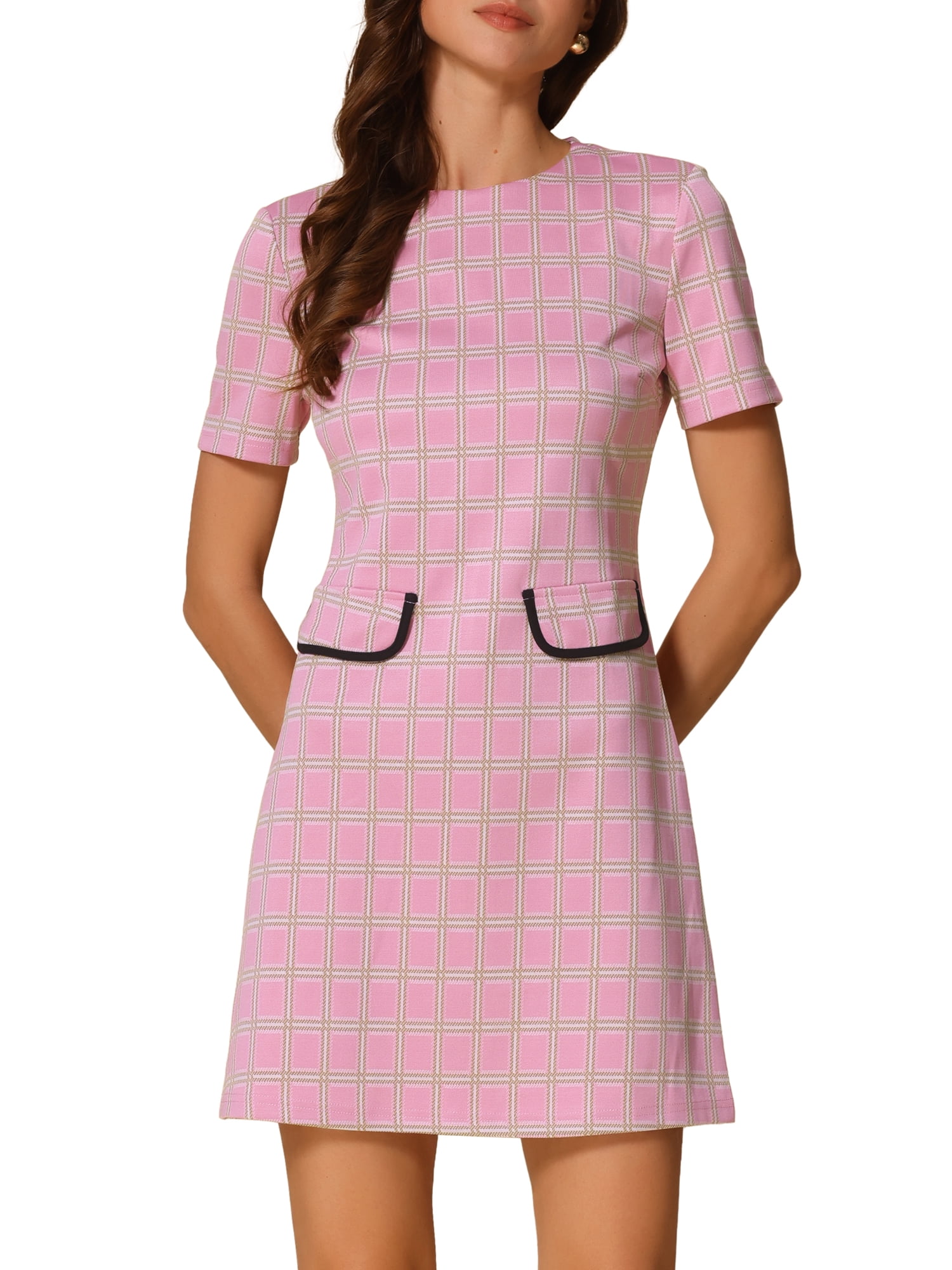 DARING DIVA Women's Dress Short Sleeve Vintage Houndstooth Dresses L Pink