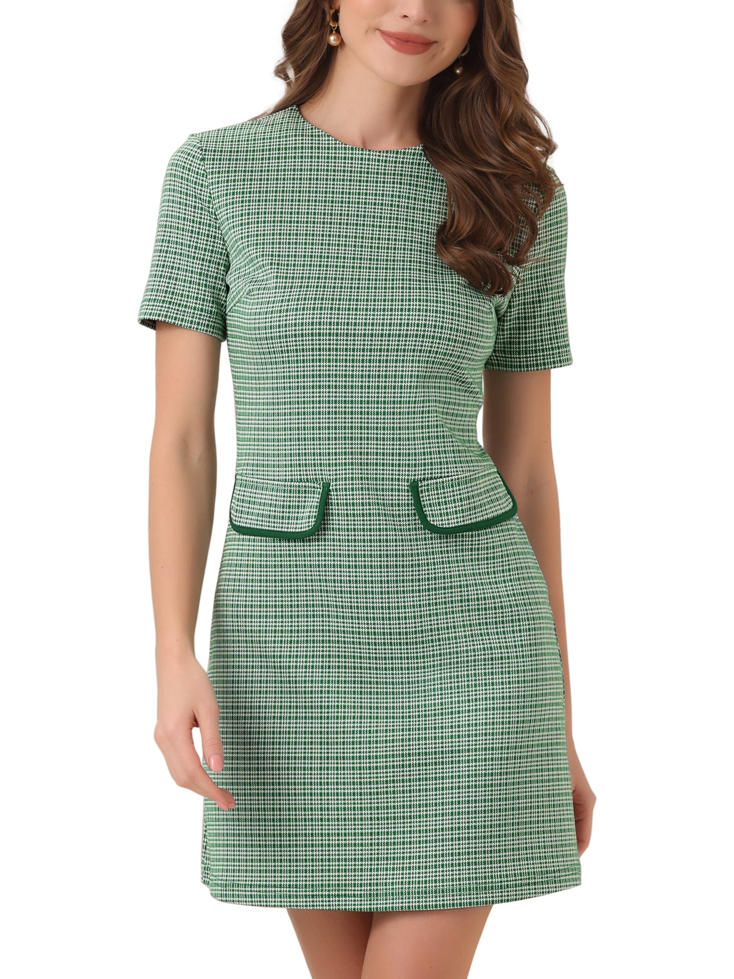 DARING DIVA Women's Dress Short Sleeve Vintage Houndstooth Dresses M Green
