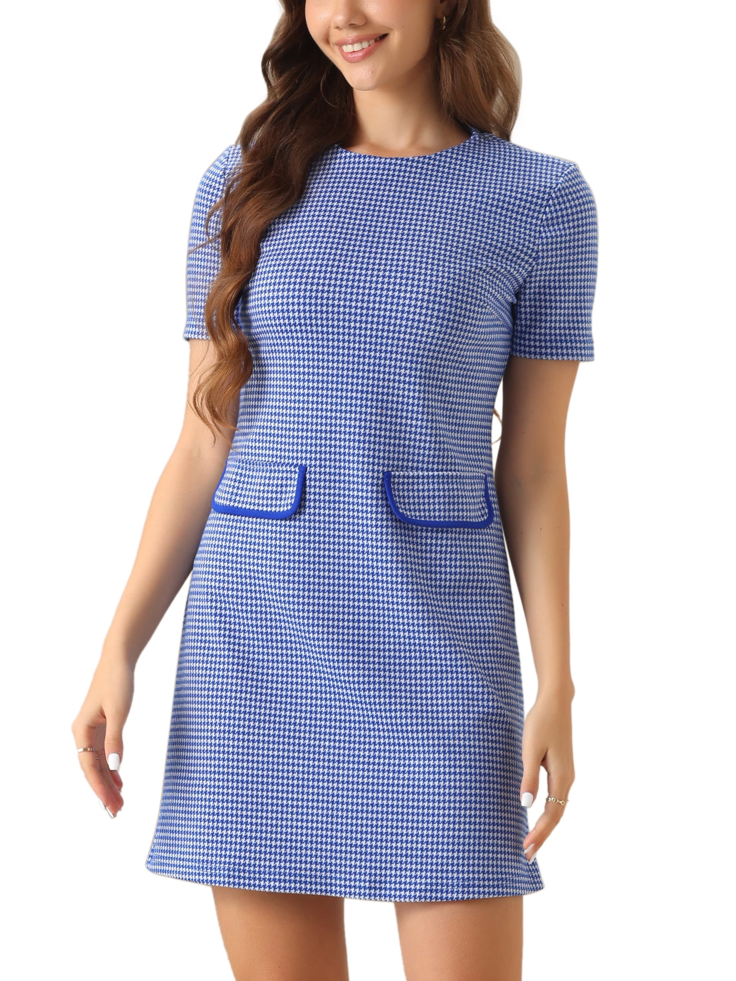 DARING DIVA Women's Dress Short Sleeve Vintage Houndstooth Dresses S Blue Houndstooth
