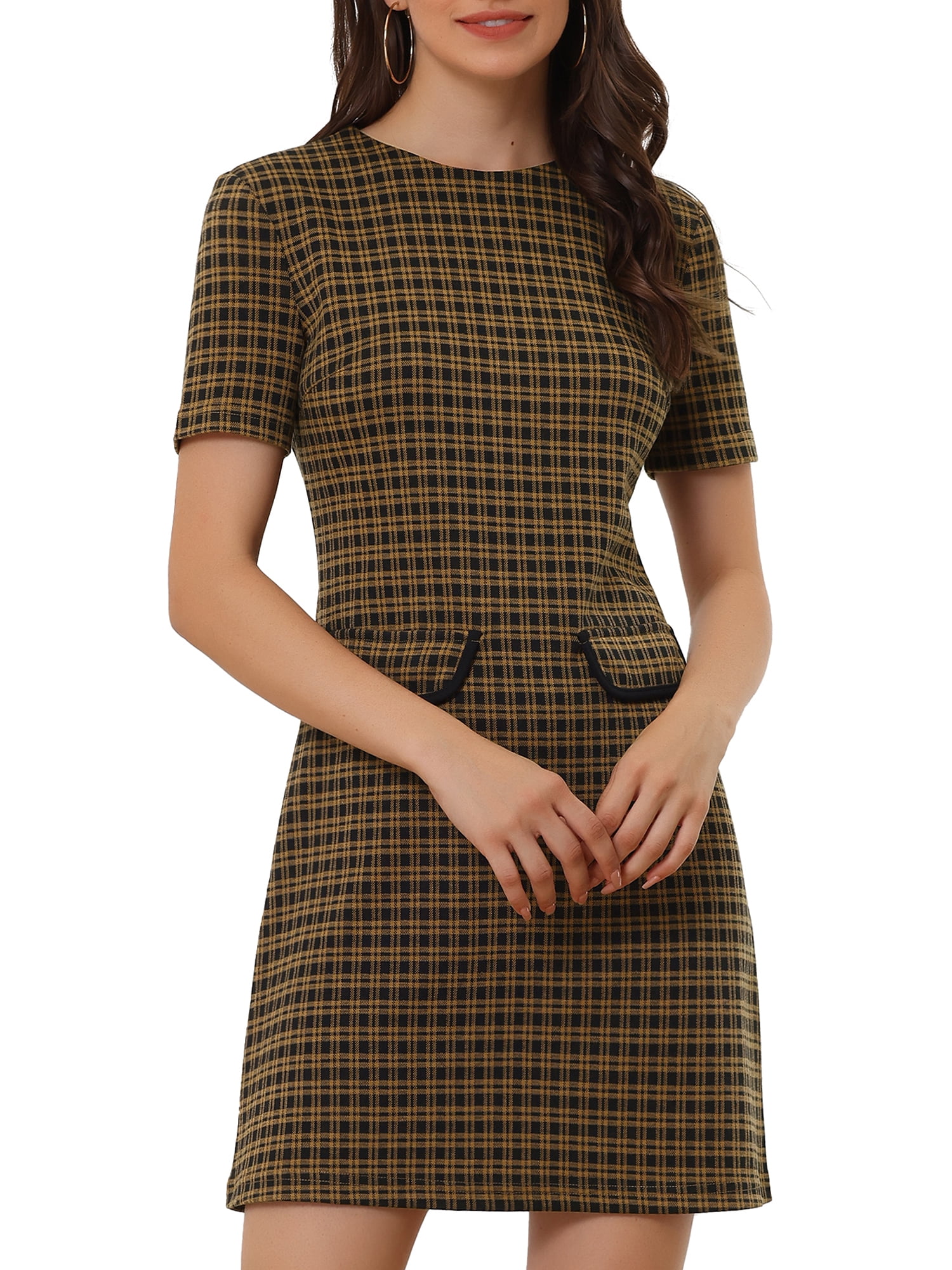 DARING DIVA Women's Dress Short Sleeve Vintage Houndstooth Dresses XL Brown
