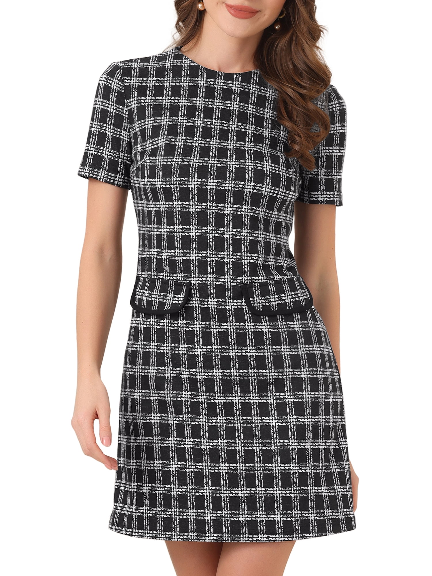 DARING DIVA Women's Dress Short Sleeve Vintage Houndstooth Dresses XS Black White
