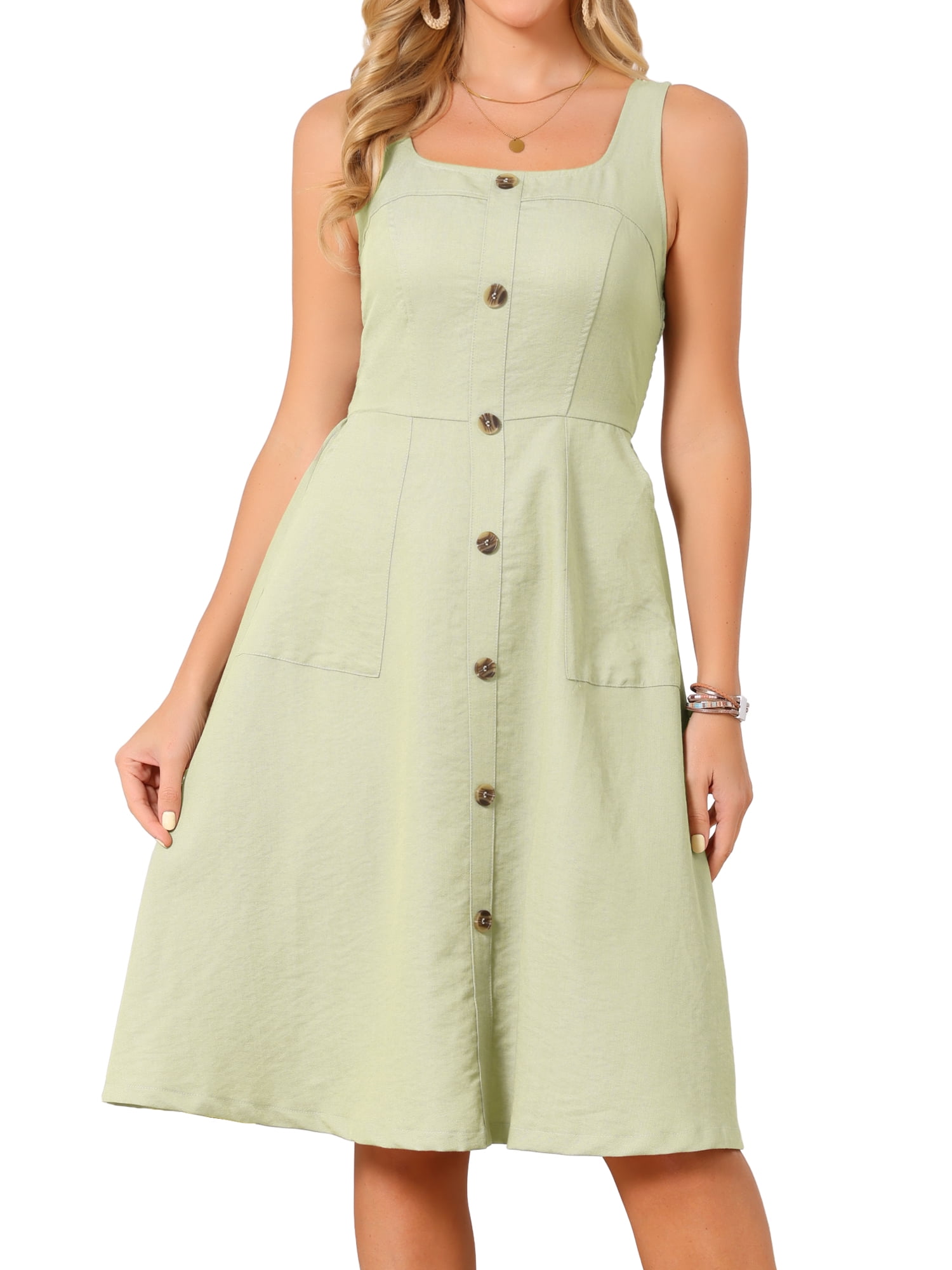 DARING DIVA Women's Dress Square Neck Flattering Tank Sundress L Green