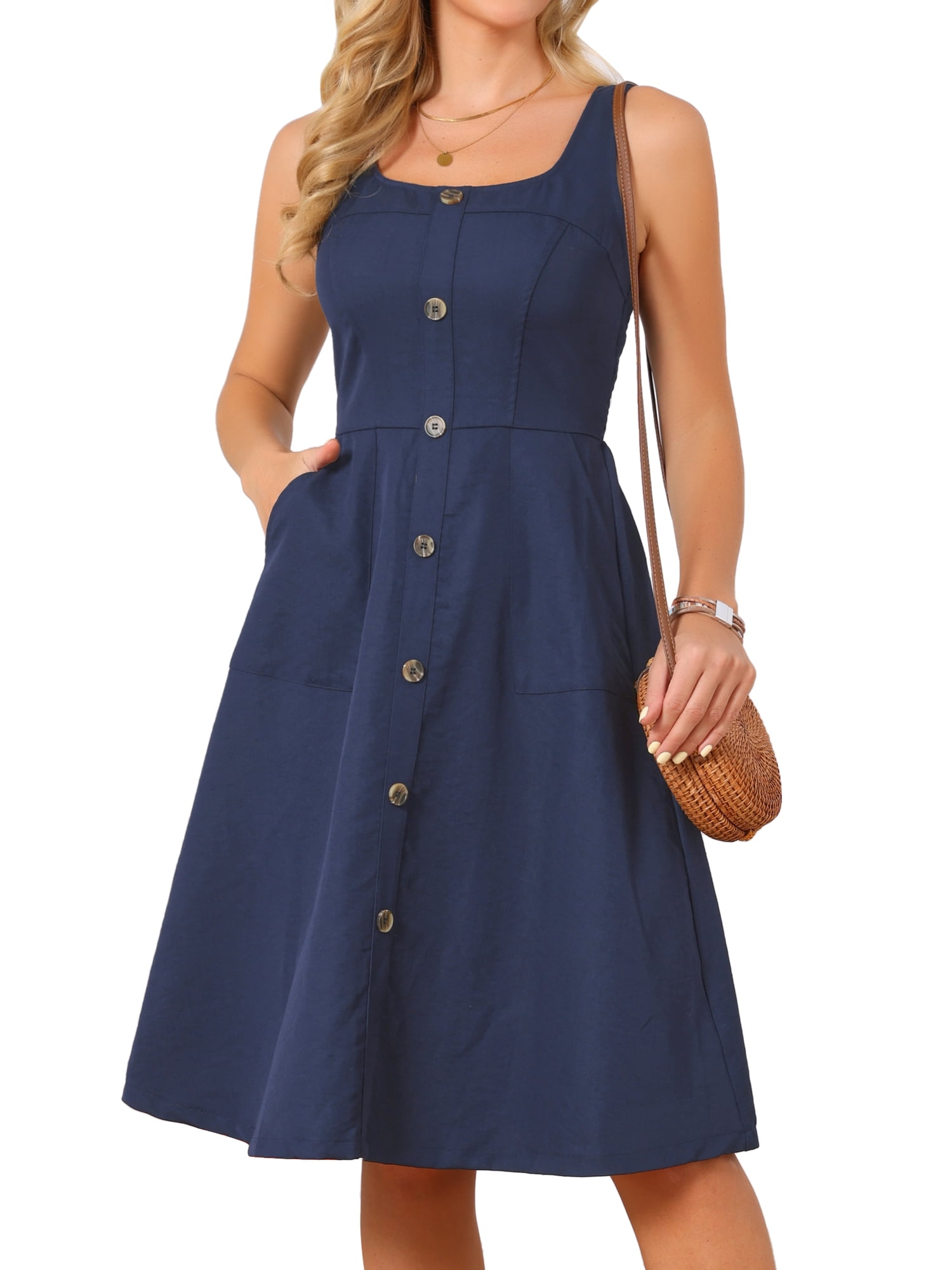 DARING DIVA Women's Dress Square Neck Flattering Tank Sundress XL Dark Blue