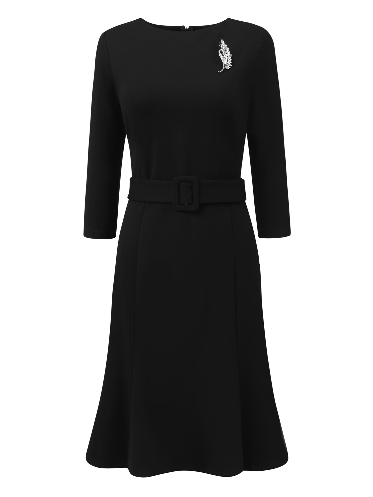 DARING DIVA Women's Dress with Brooch 3/4 Sleeve Boat Neck Fishtails Midi Dress L Black