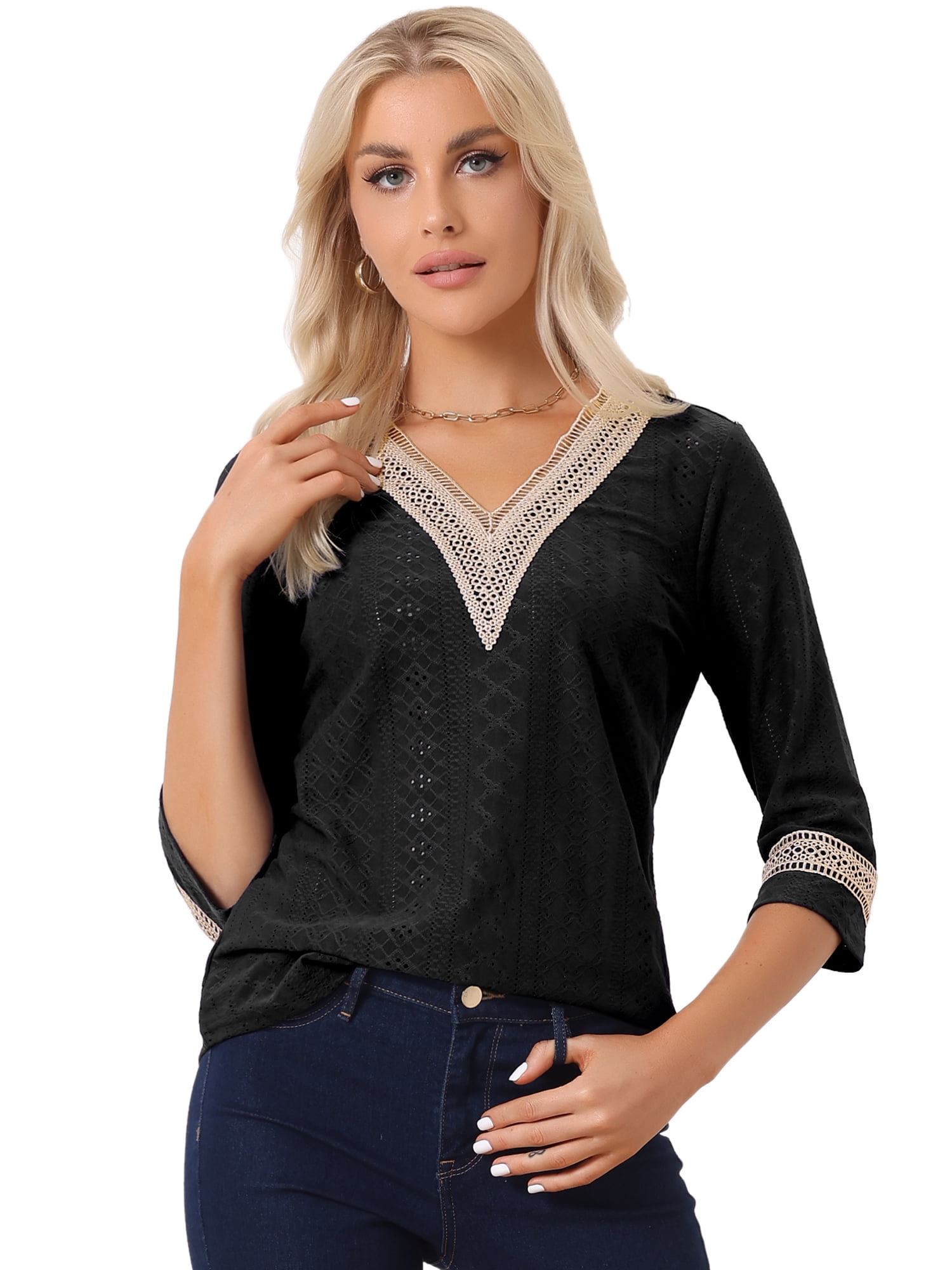 DARING DIVA Women's 3/4 Sleeve Tops Hollow Color Block Boho Shirts XS Black