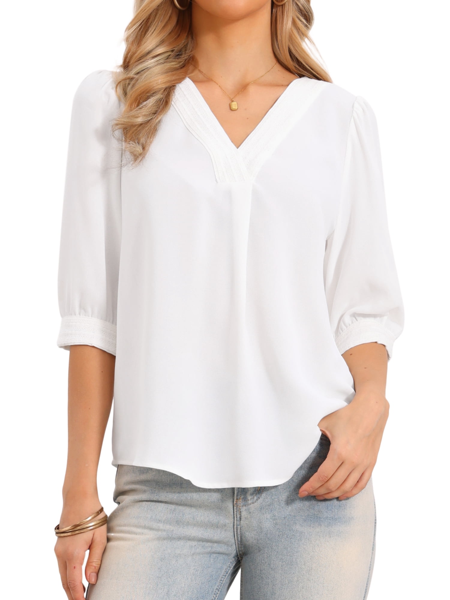 DARING DIVA Women's Dressy Casual Chiffon Tops V Neck 3/4 Sleeve Work Blouses S White