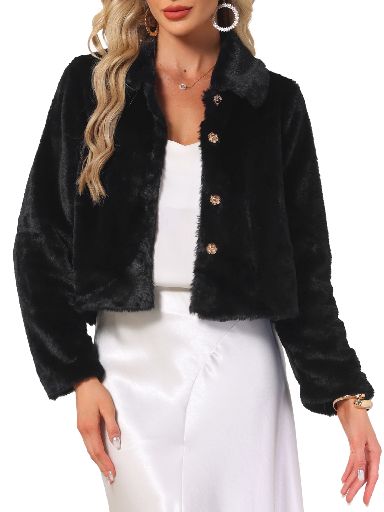 DARING DIVA Women's Dressy Faux Fur Cropped Snap Button Fluffy Jacket XS Black