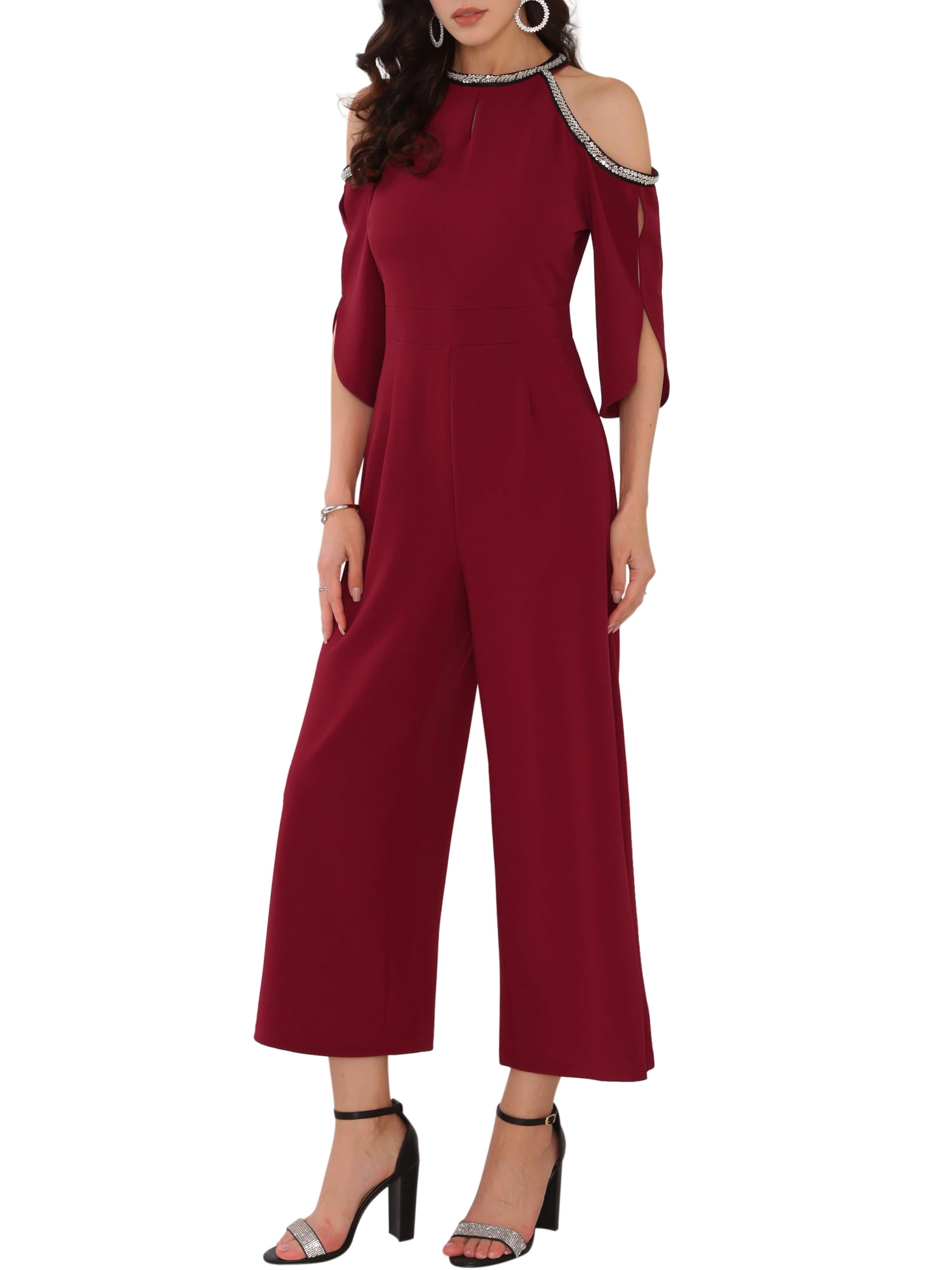 DARING DIVA Women's Dressy Jumpsuit Split Sleeve Wide Legs Cocktai L Wine Red