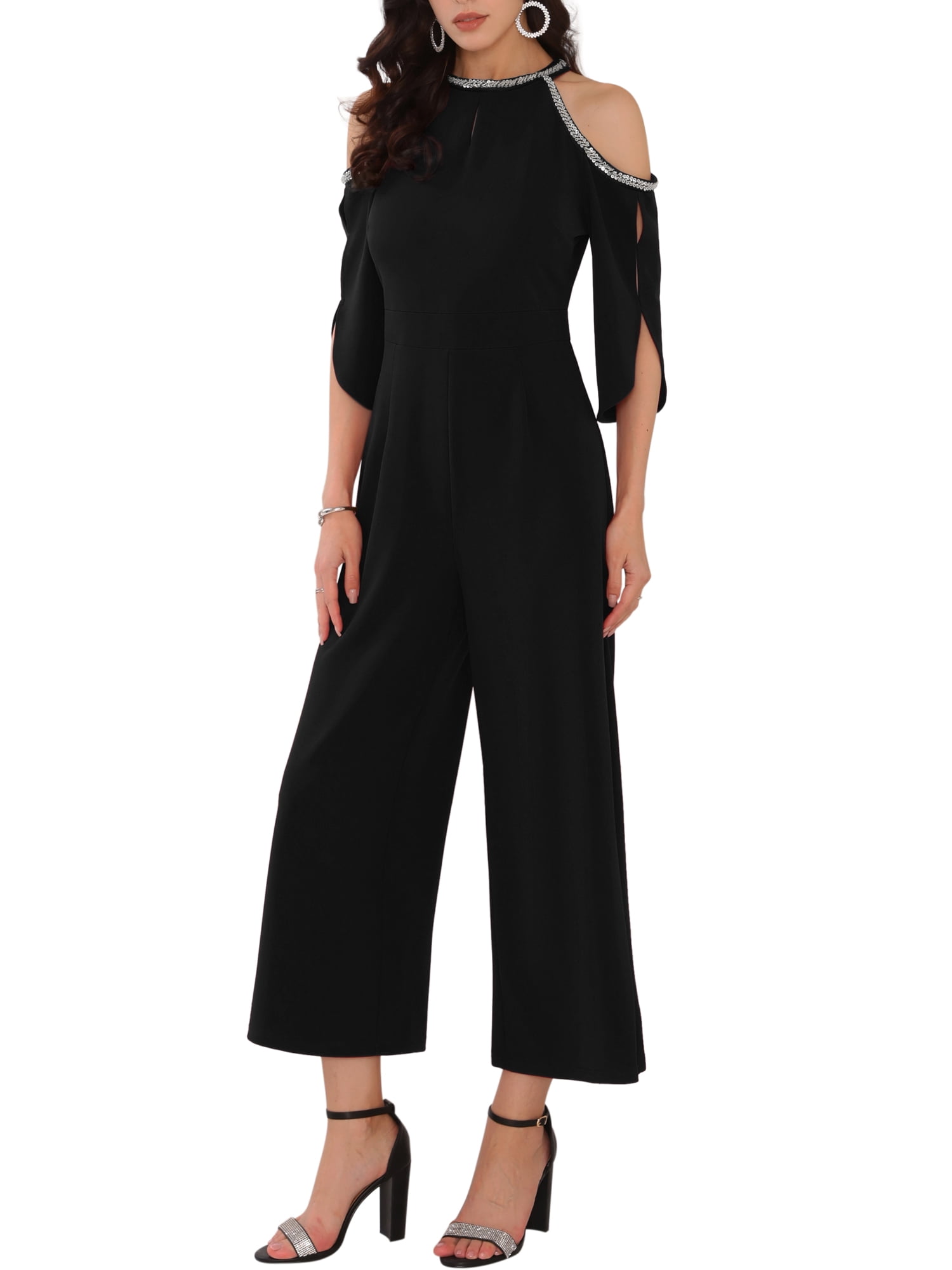DARING DIVA Women's Dressy Jumpsuit Split Sleeve Wide Legs Cocktai XL Black