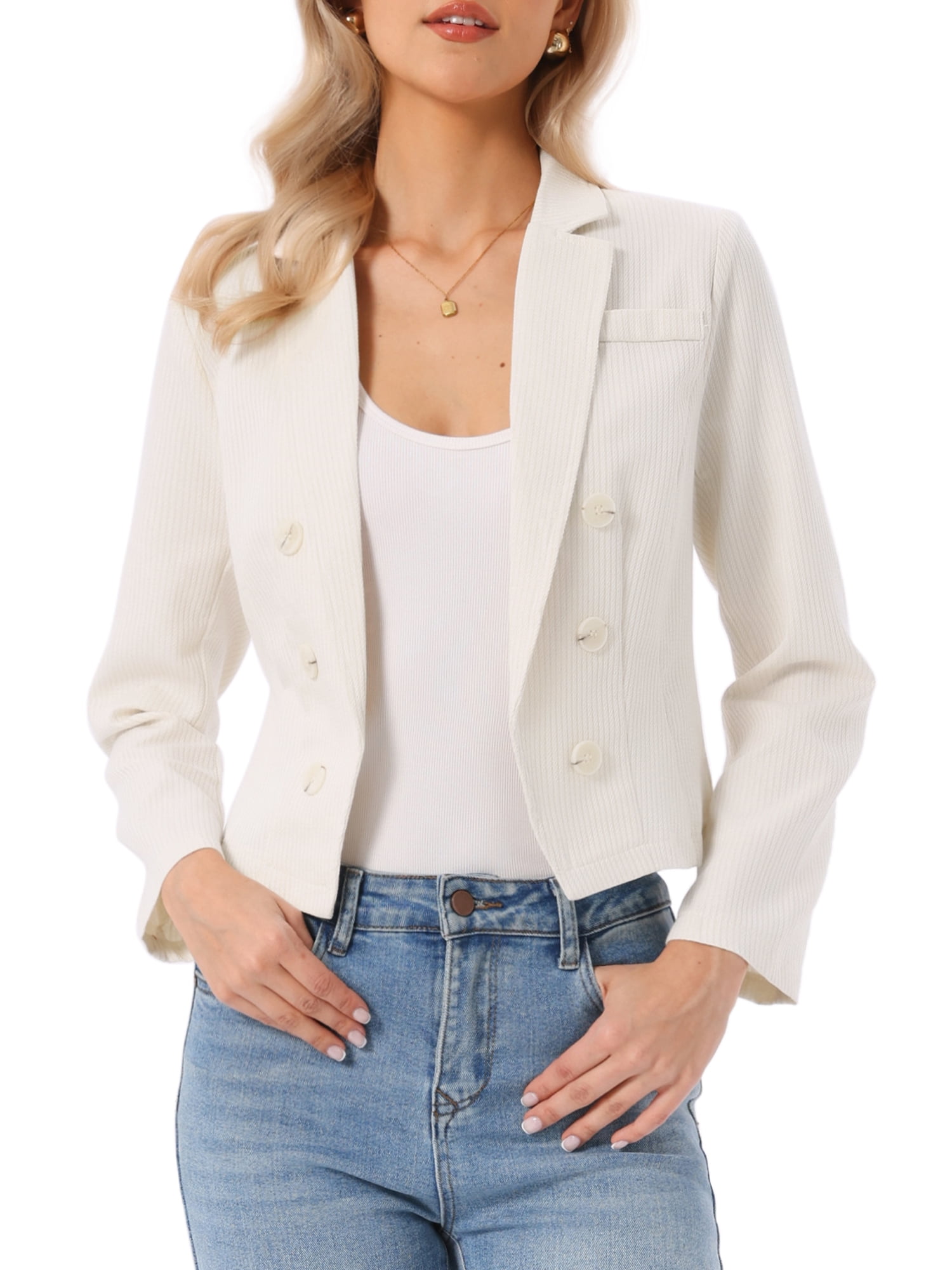 DARING DIVA Women's Dressy Notch Lapel Open Front Striped Suit Blazer L Light Beige