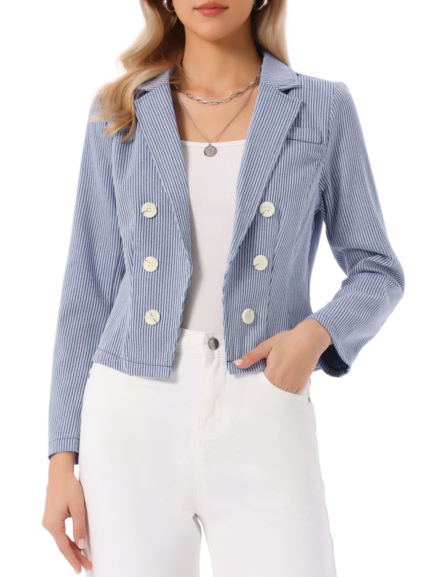DARING DIVA Women's Dressy Notch Lapel Open Front Striped Suit Blazer XS Dark Blue