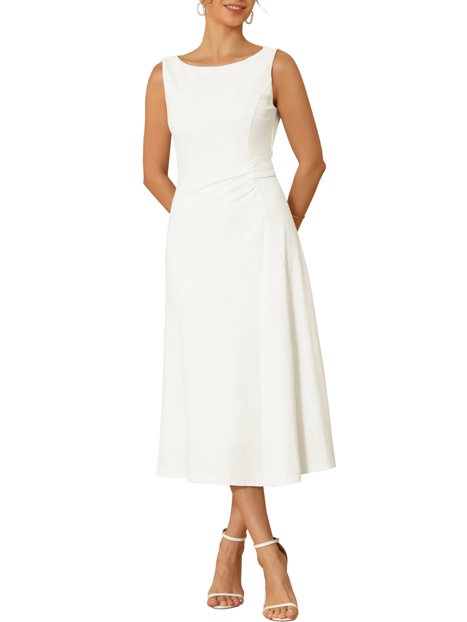 DARING DIVA Women's Formal Sleeveless Ruched High Waist A-Line Dresses S White