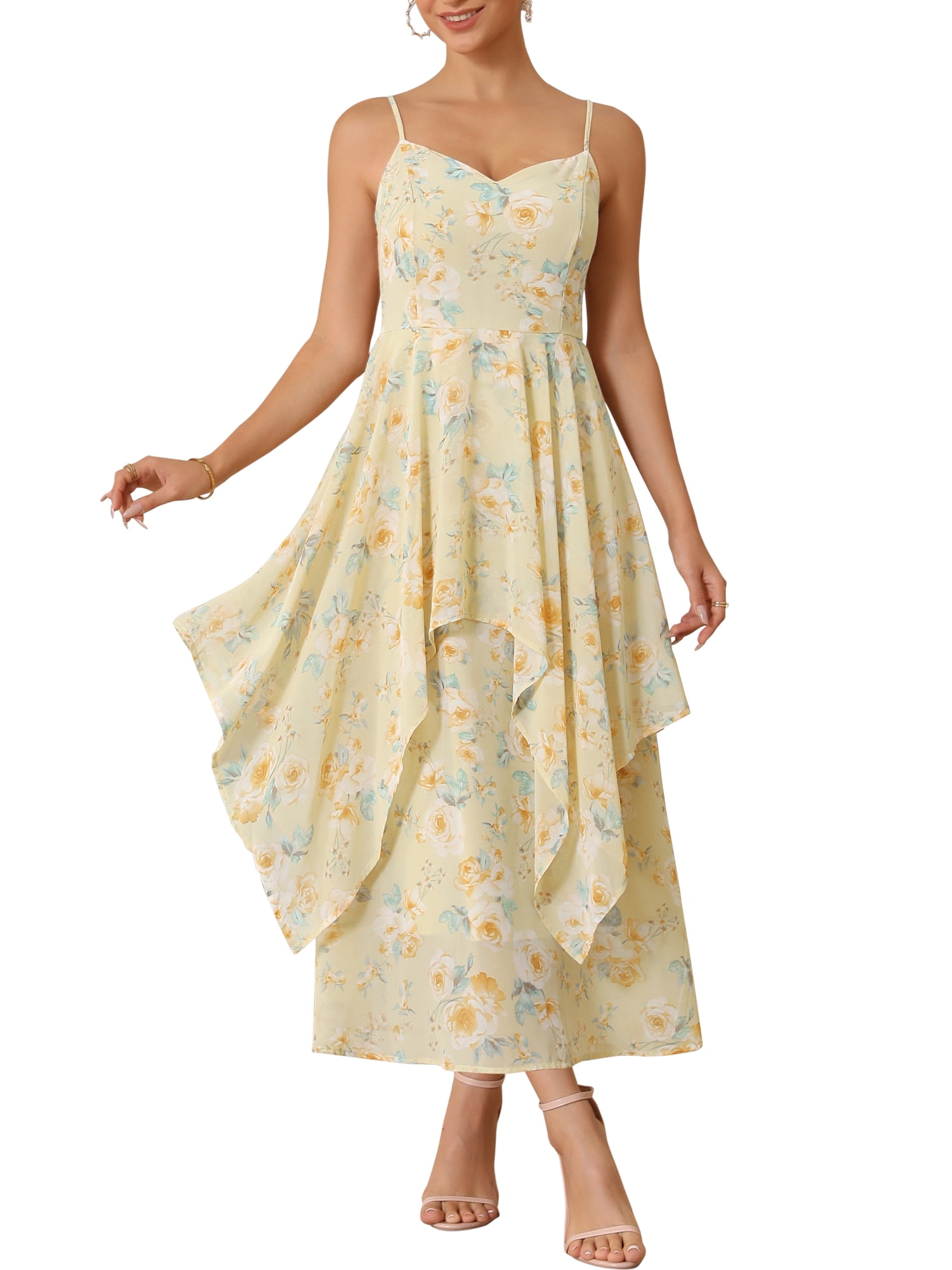 DARING DIVA Women's Easter Floral Chiffon Ruffles Tiered Spaghetti Strap L Light Yellow