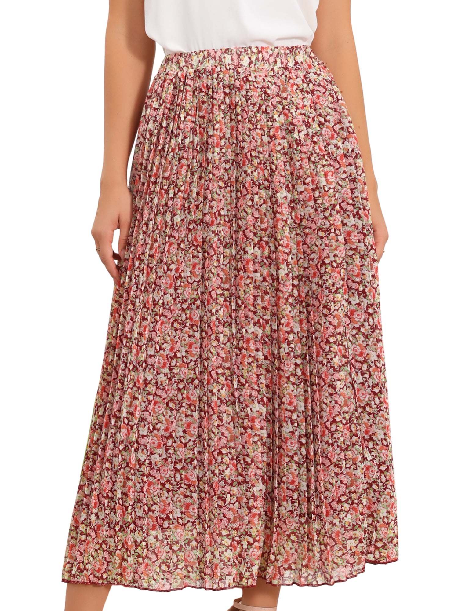 DARING DIVA Women's A-Line Elastic Boho Summer Floral Print Midi Skirts M Red