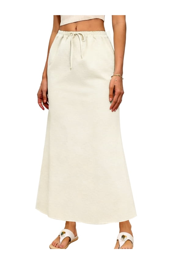 Women's Elastic Drawstring Back Slit Long Skirts X-Large Beige