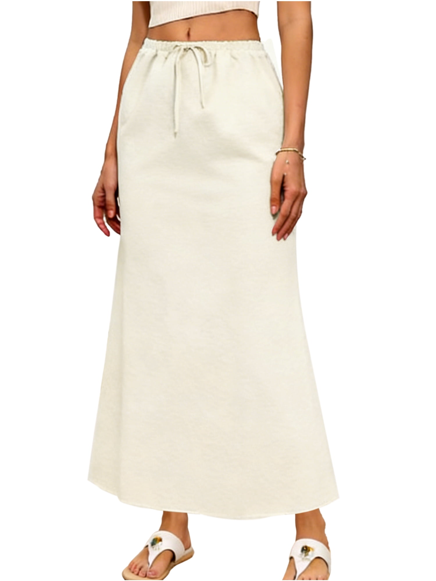 DARING DIVA Women's Elastic Drawstring Back Slit Long Skirts X-Small Beige