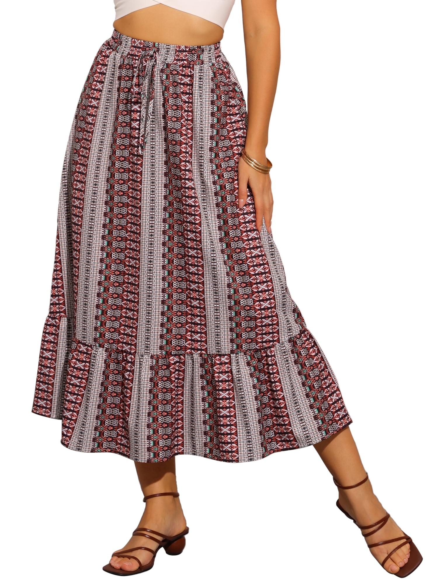 DARING DIVA Women's Elastic High Waist A-Line Spring Printed Midi Skirt S Dark Red