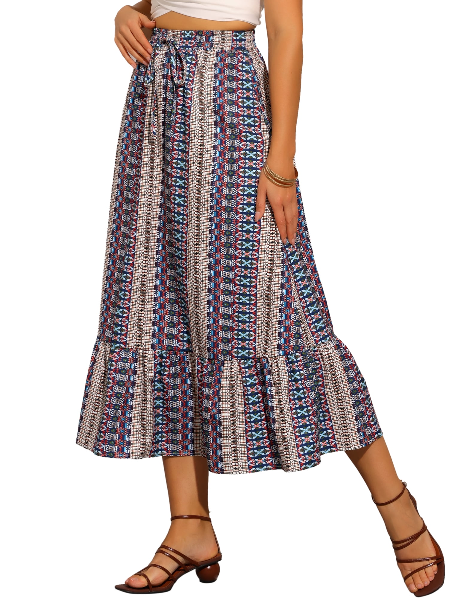 DARING DIVA Women's Elastic High Waist A-Line Spring Printed Midi Skirt XL Dark Blue
