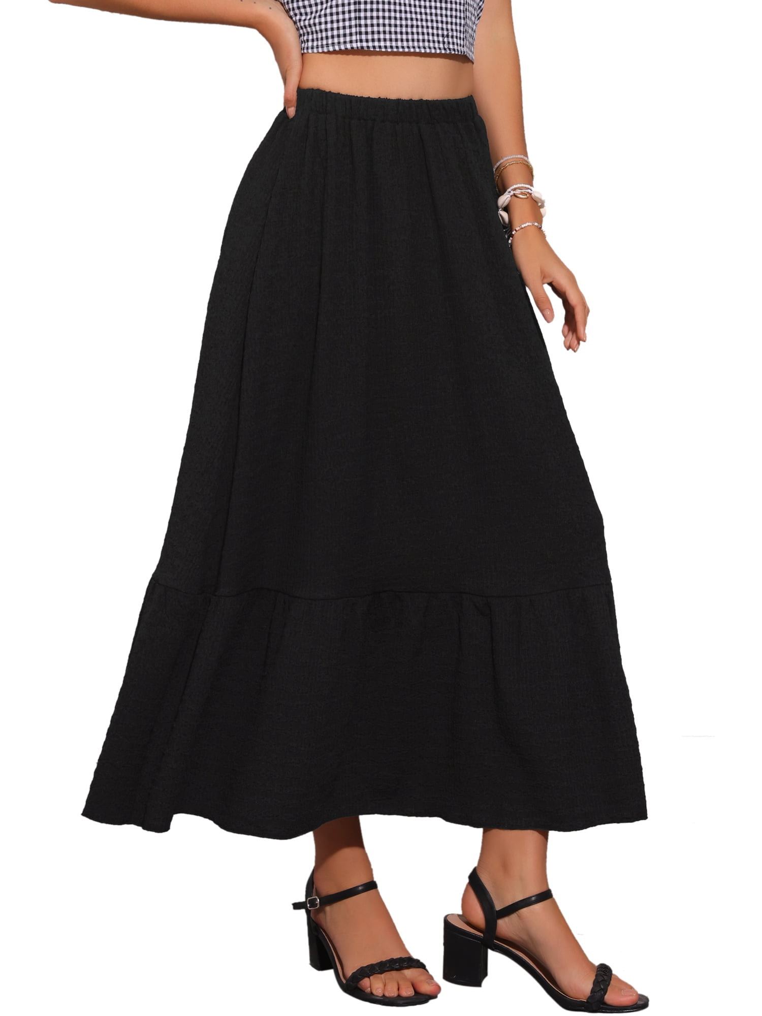 DARING DIVA Women's Elastic High Waist Flowy Tiered A-Line Summer Maxi Skirt M Black