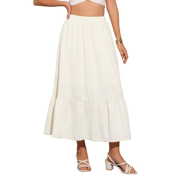 DARING DIVA Women's Elastic High Waist Flowy Tiered A-Line Summer Maxi Skirt S Beige