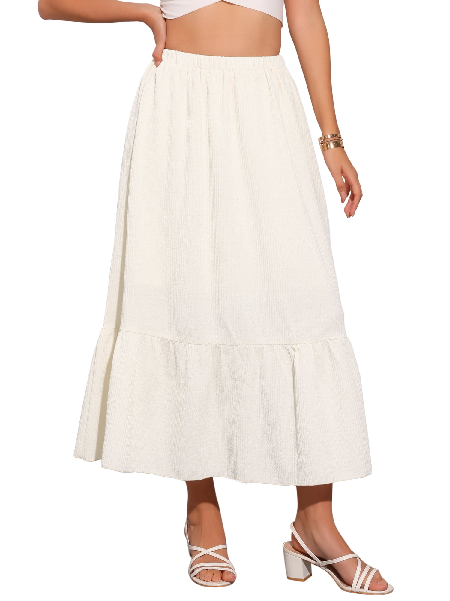 DARING DIVA Women's Elastic High Waist Flowy Tiered A-Line Summer Maxi Skirt XL Beige