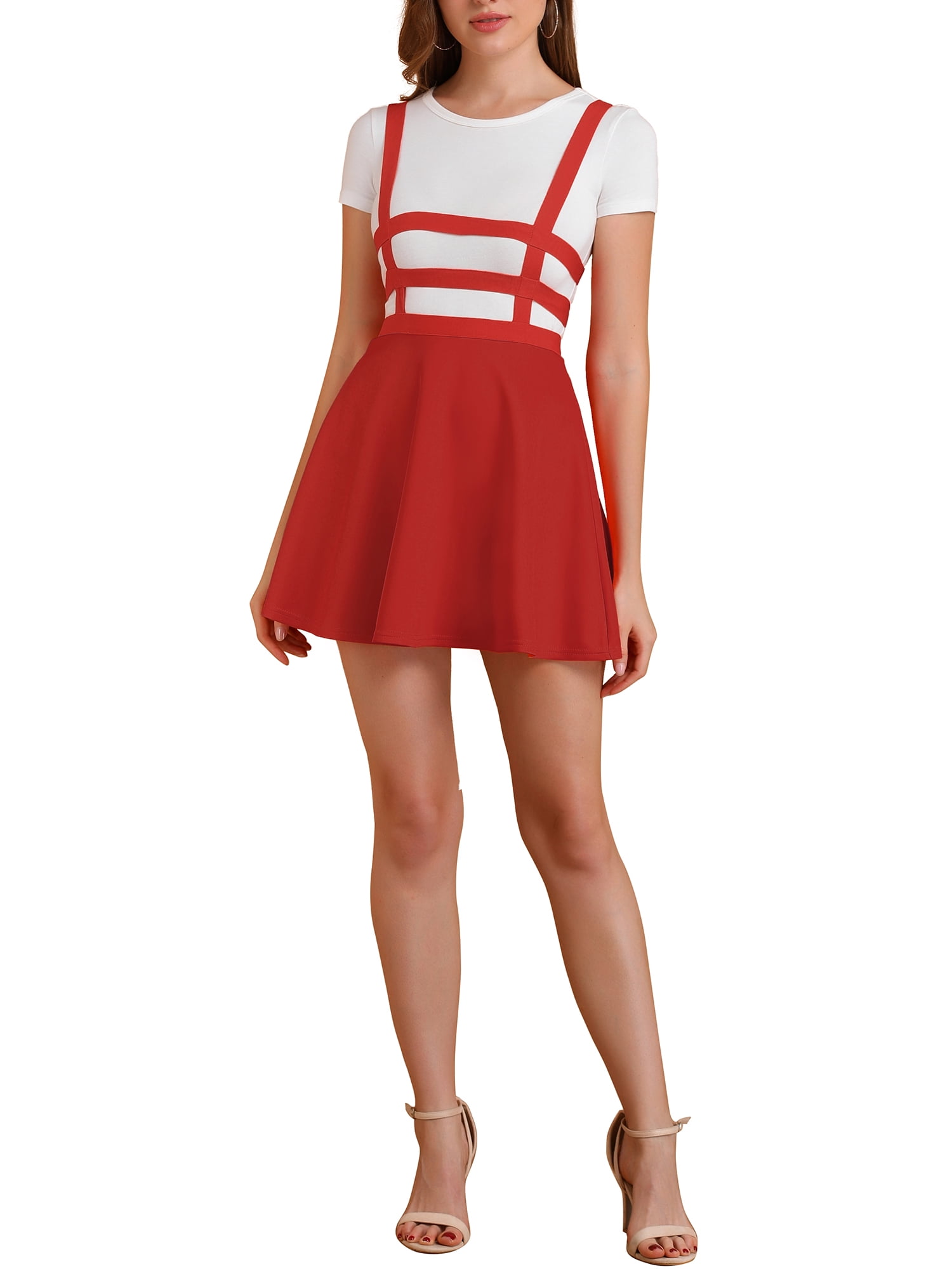 DARING DIVA Women's Elastic High Waist Mini Suspender Skirt L Red
