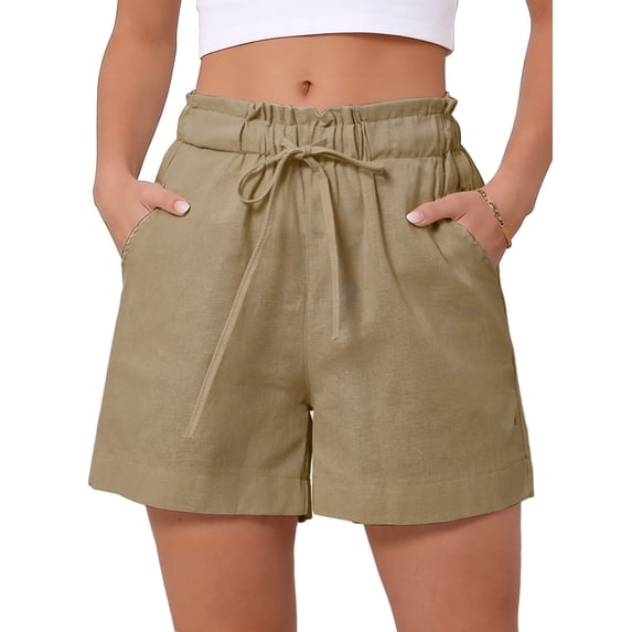 DARING DIVA Women's Elastic High Waisted Drawstring Shorts with Pockets Large Khaki