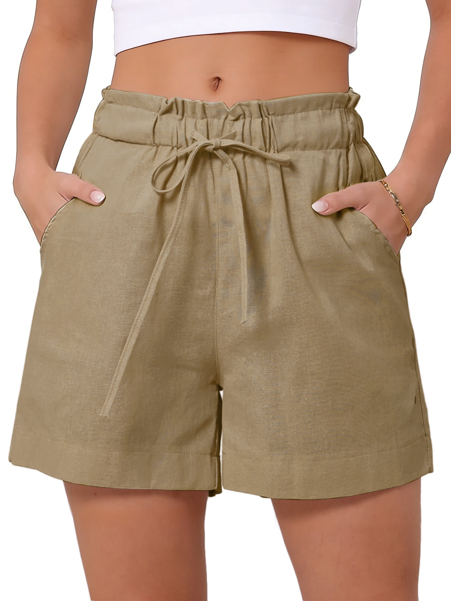 DARING DIVA Women's Elastic High Waisted Drawstring Shorts with Pockets X-Large Khaki