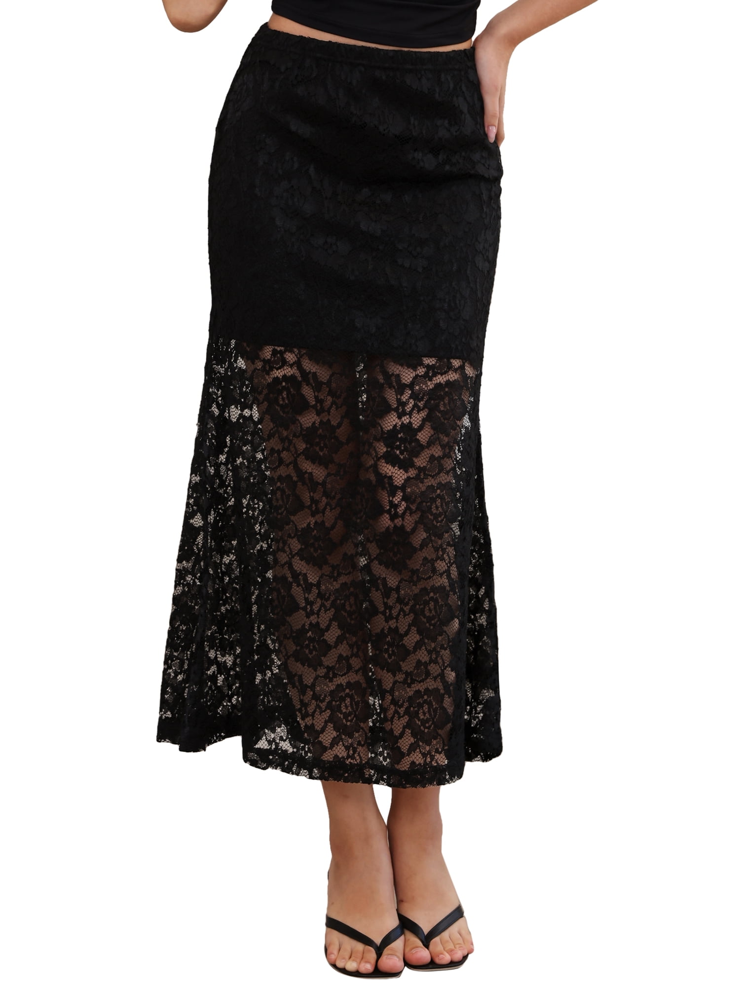 DARING DIVA Women's Elastic High Waisted Flowy Summer Long Skirts Large Black
