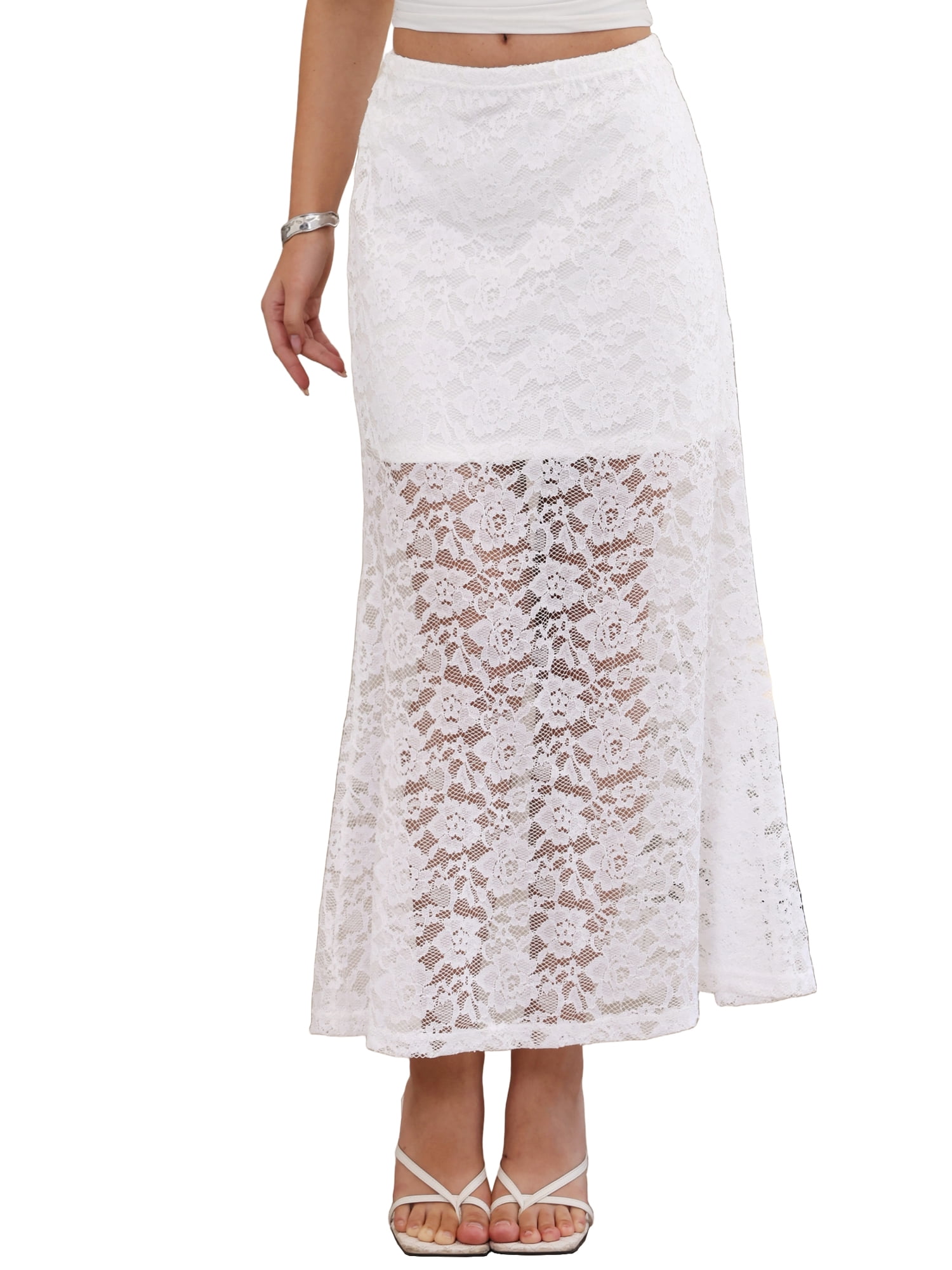 DARING DIVA Women's Elastic High Waisted Flowy Summer Long Skirts Large White