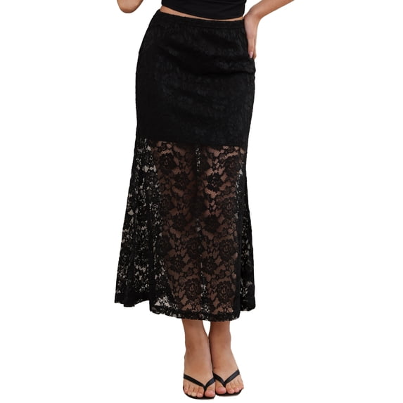 DARING DIVA Women's Elastic High Waisted Flowy Summer Long Skirts Medium Black