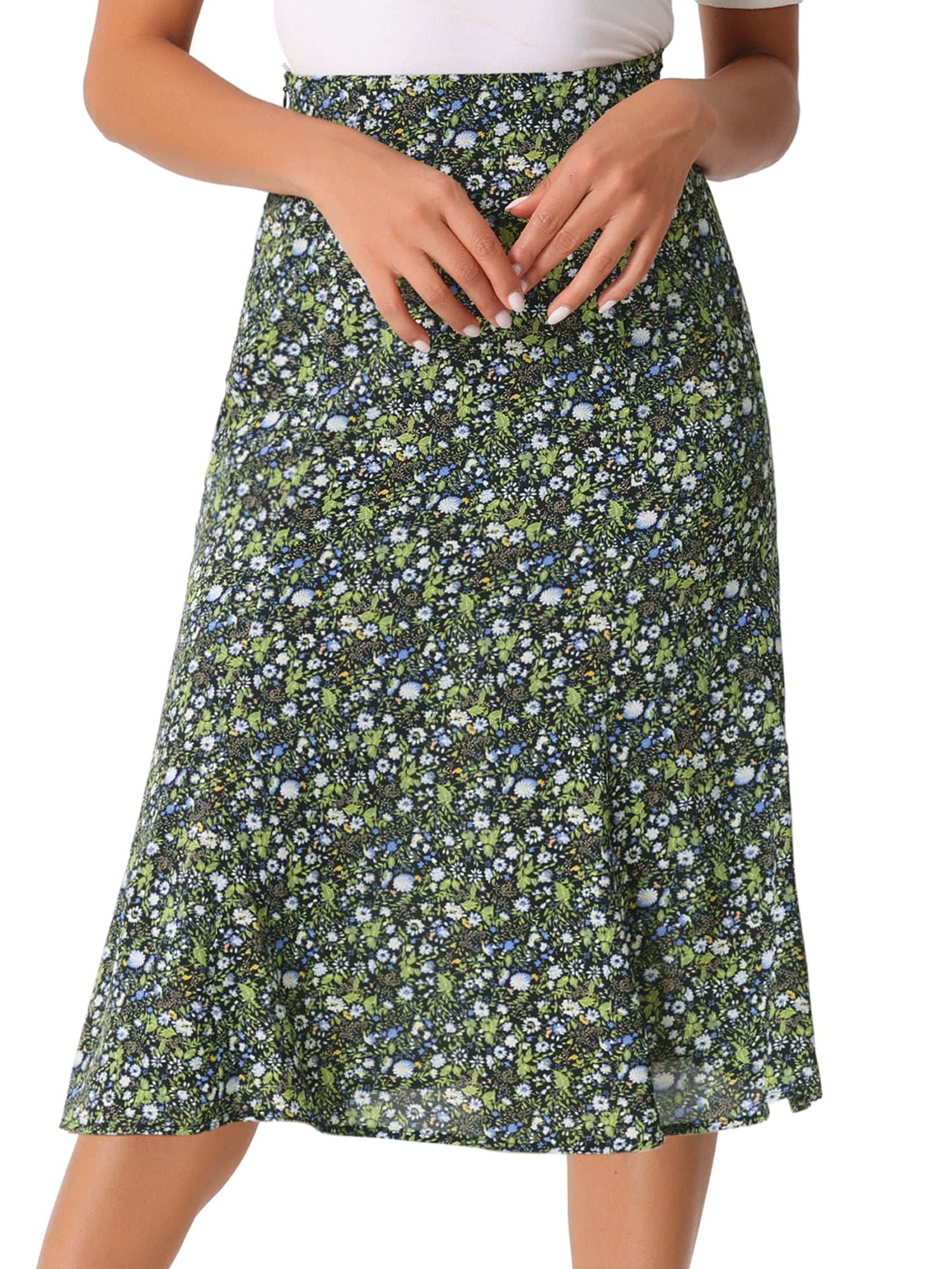 DARING DIVA Women's Elastic Waist A-Line Floral Print Midi Skirt L Black Green