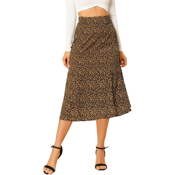 DARING DIVA Women's Elastic Waist A-Line Floral Print Midi Skirt L Black Yellow