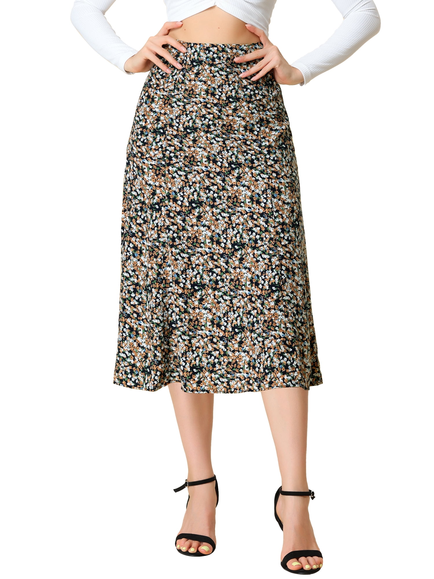 DARING DIVA Women's Elastic Waist A-Line Floral Print Midi Skirt L Blue Brown