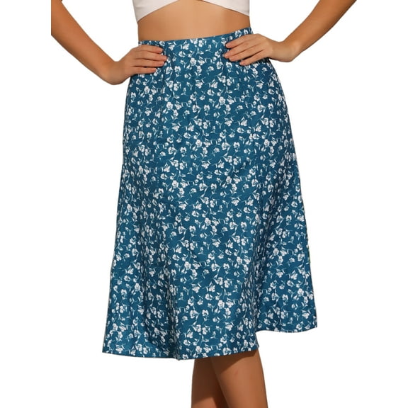 DARING DIVA Women's Elastic Waist A-Line Floral Print Midi Skirt L Lake Blue Flower