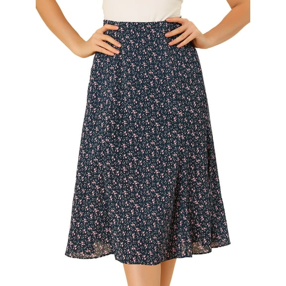 DARING DIVA Women's Elastic Waist A-Line Floral Print Midi Skirt L Navy Pink