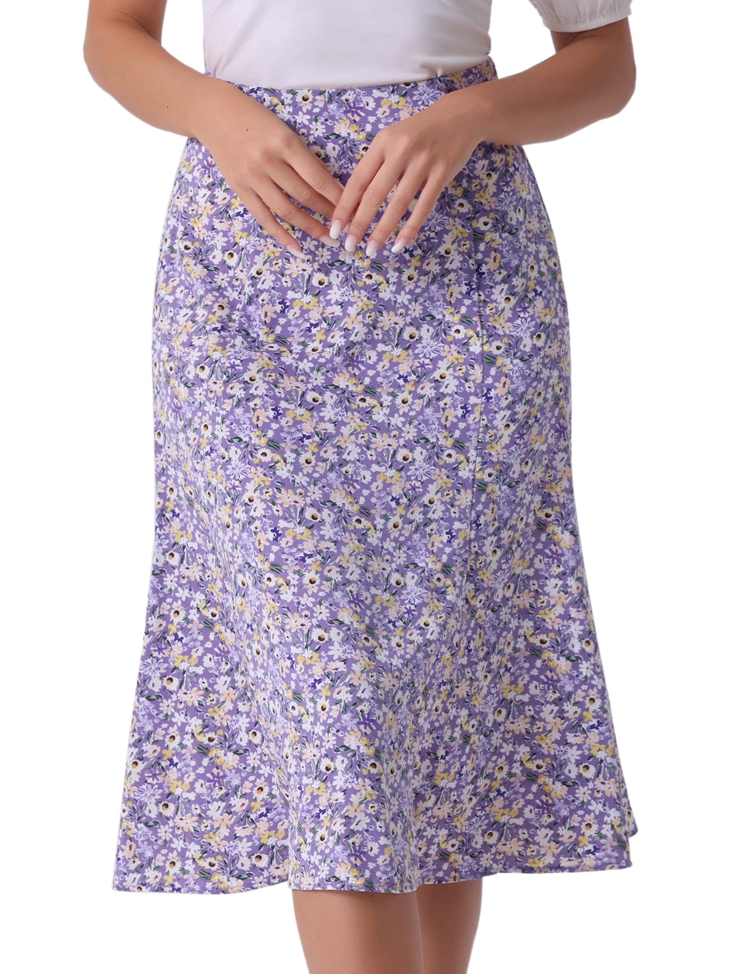 DARING DIVA Women's Elastic Waist A-Line Floral Print Midi Skirt L Purple