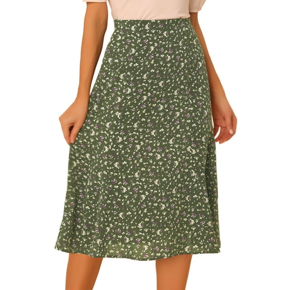 DARING DIVA Women's Elastic Waist A-Line Floral Print Midi Skirt M Army Green