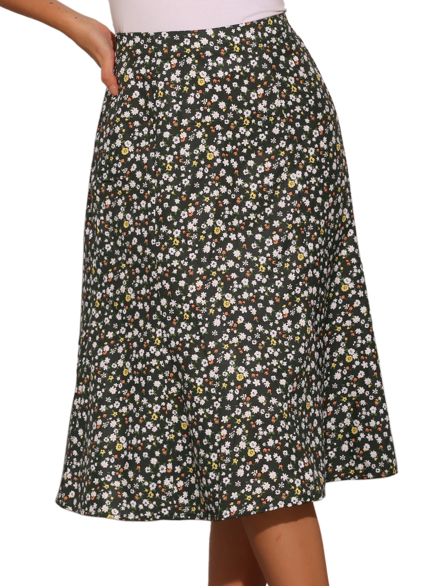 DARING DIVA Women's Elastic Waist A-Line Floral Print Midi Skirt M Black Flower