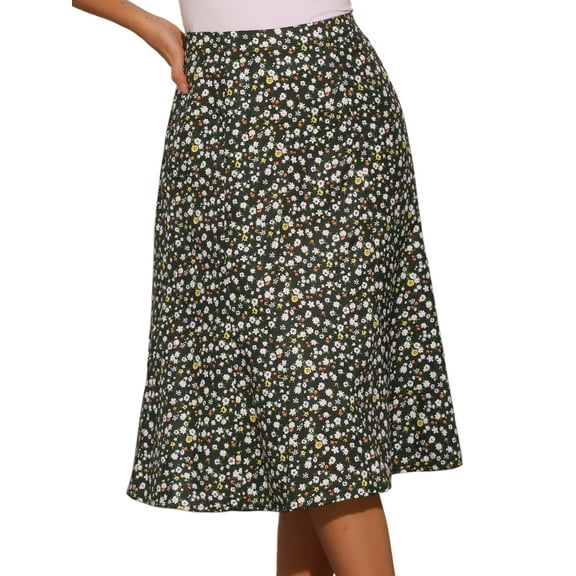 DARING DIVA Women's Elastic Waist A-Line Floral Print Midi Skirt M Black Flower