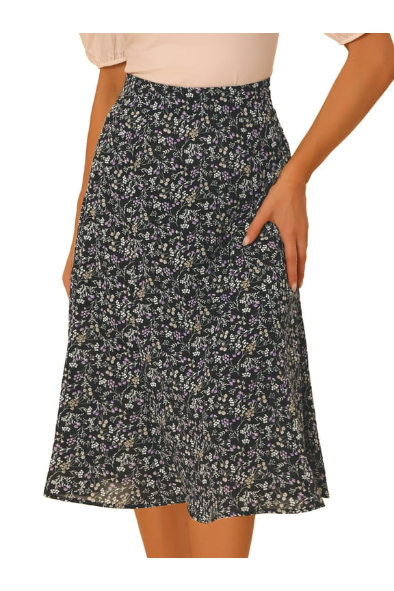 Women's Elastic Waist A-Line Floral Print Midi Skirt M Black Purple