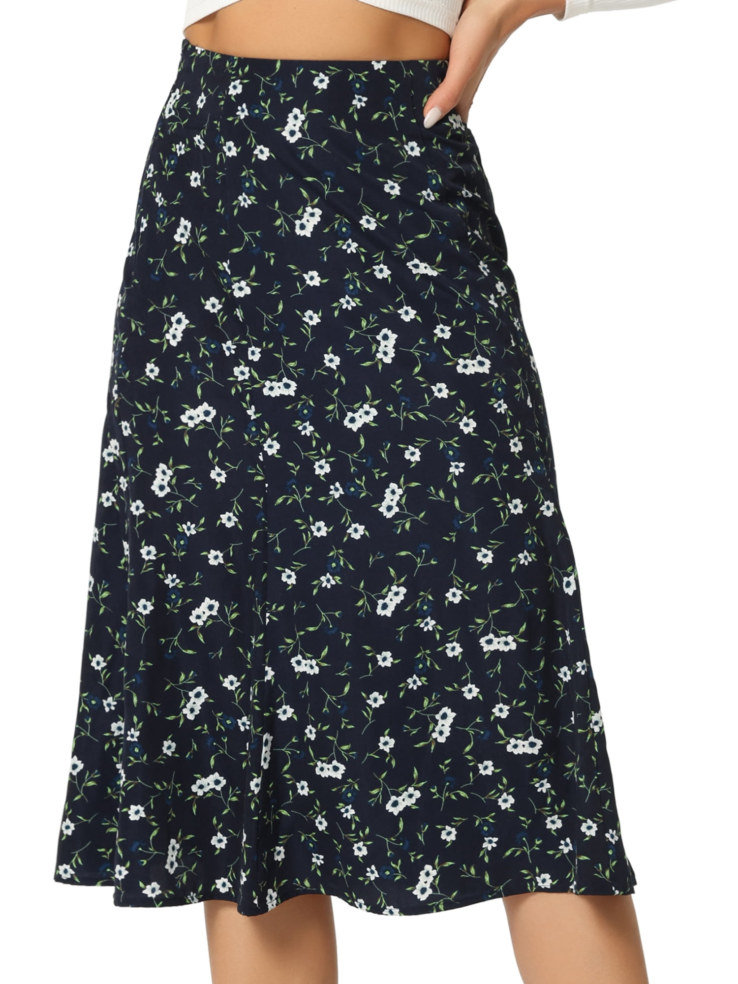 DARING DIVA Women's Elastic Waist A-Line Floral Print Midi Skirt M Blue White