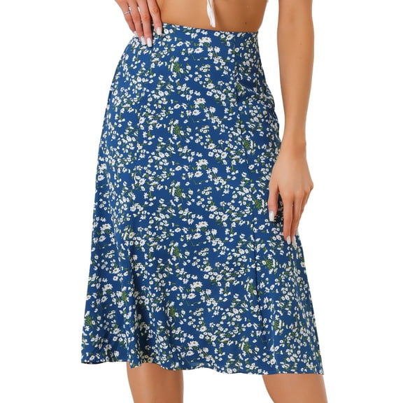 DARING DIVA Women's Elastic Waist A-Line Floral Print Midi Skirt M Blue