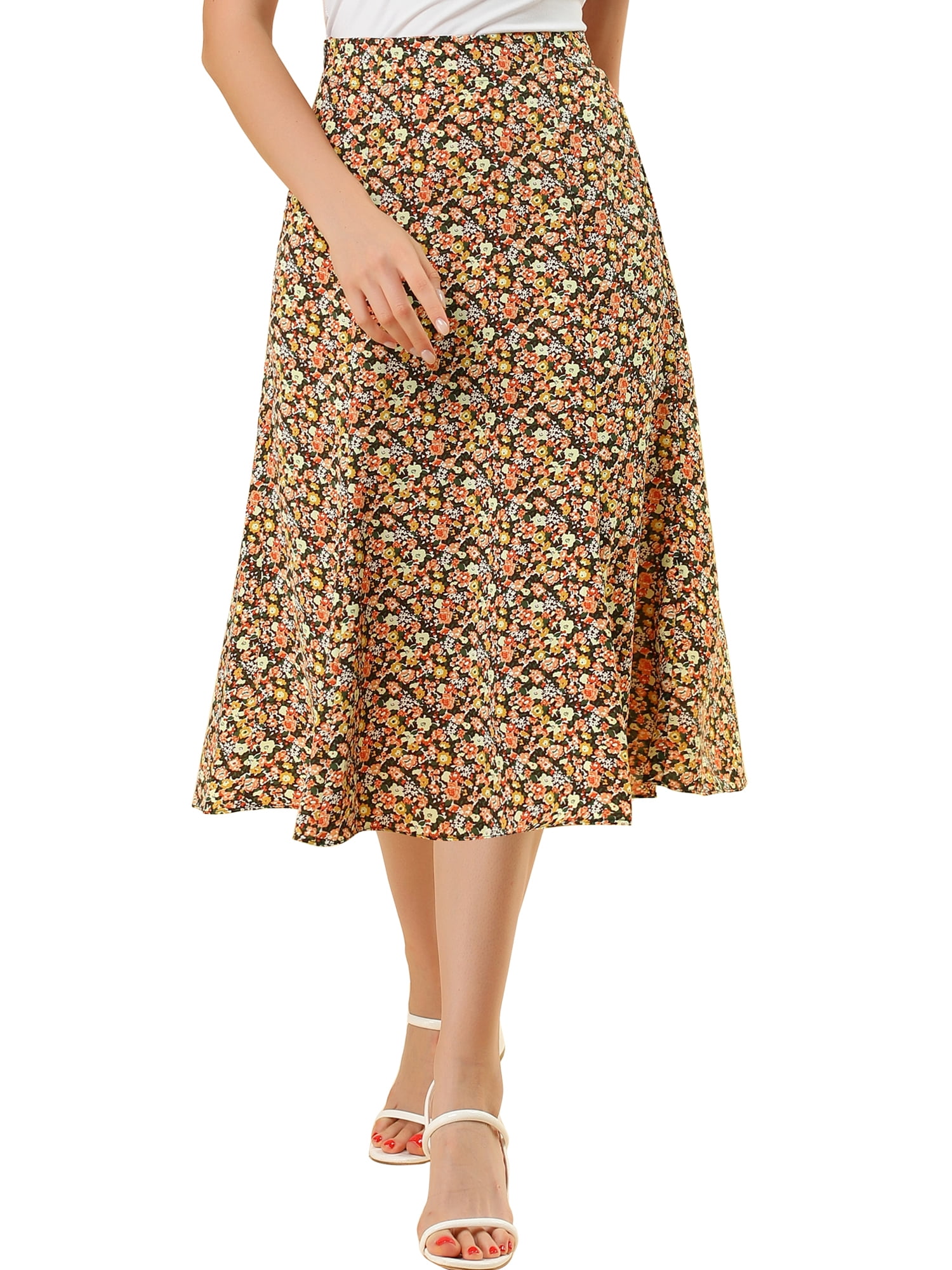 DARING DIVA Women's Elastic Waist A-Line Floral Print Midi Skirt M Brown Orange