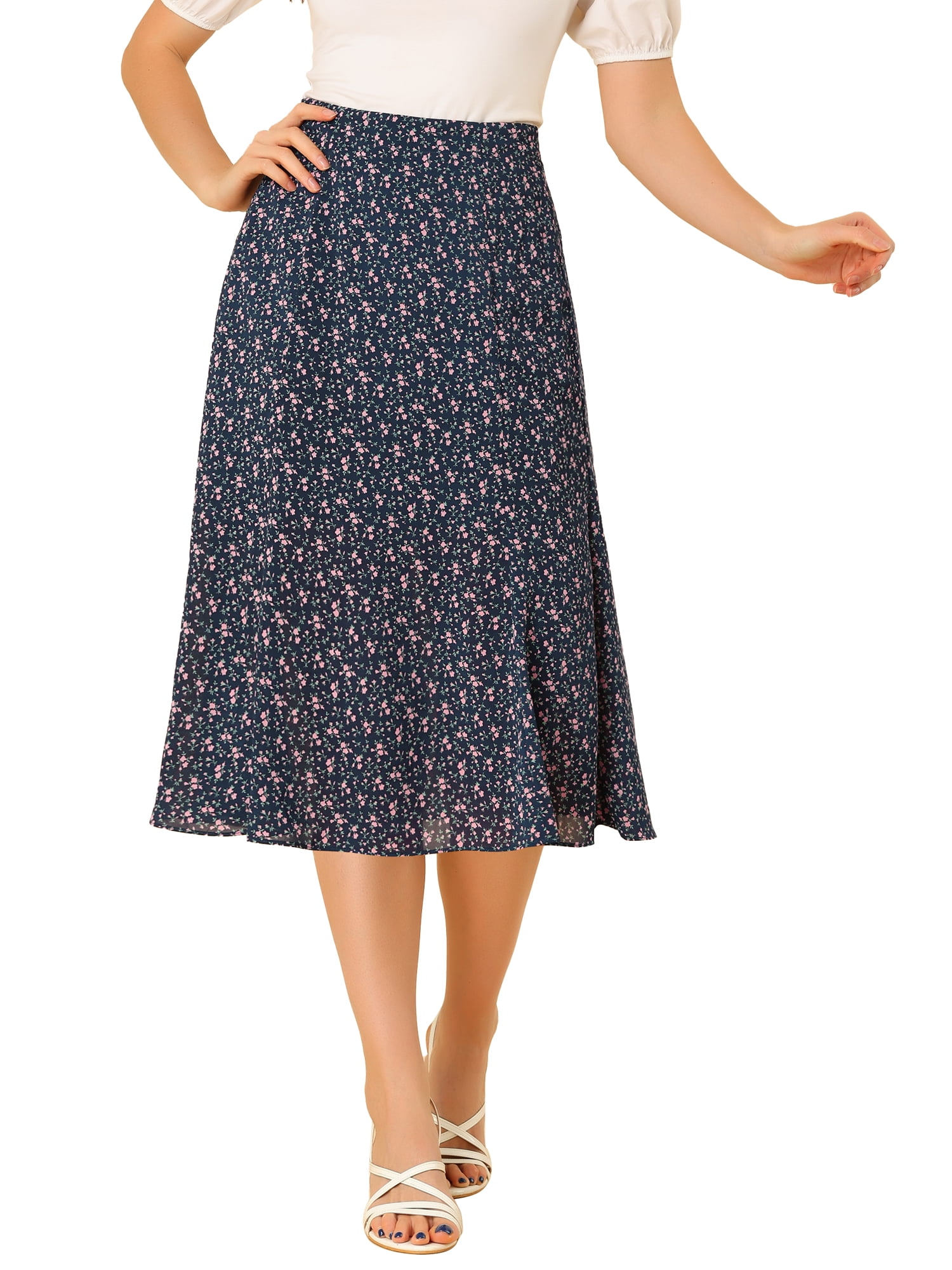 DARING DIVA Women's Elastic Waist A-Line Floral Print Midi Skirt M Navy Pink