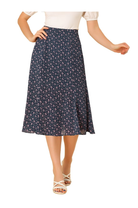 Women's Elastic Waist A-Line Floral Print Midi Skirt M Navy Pink