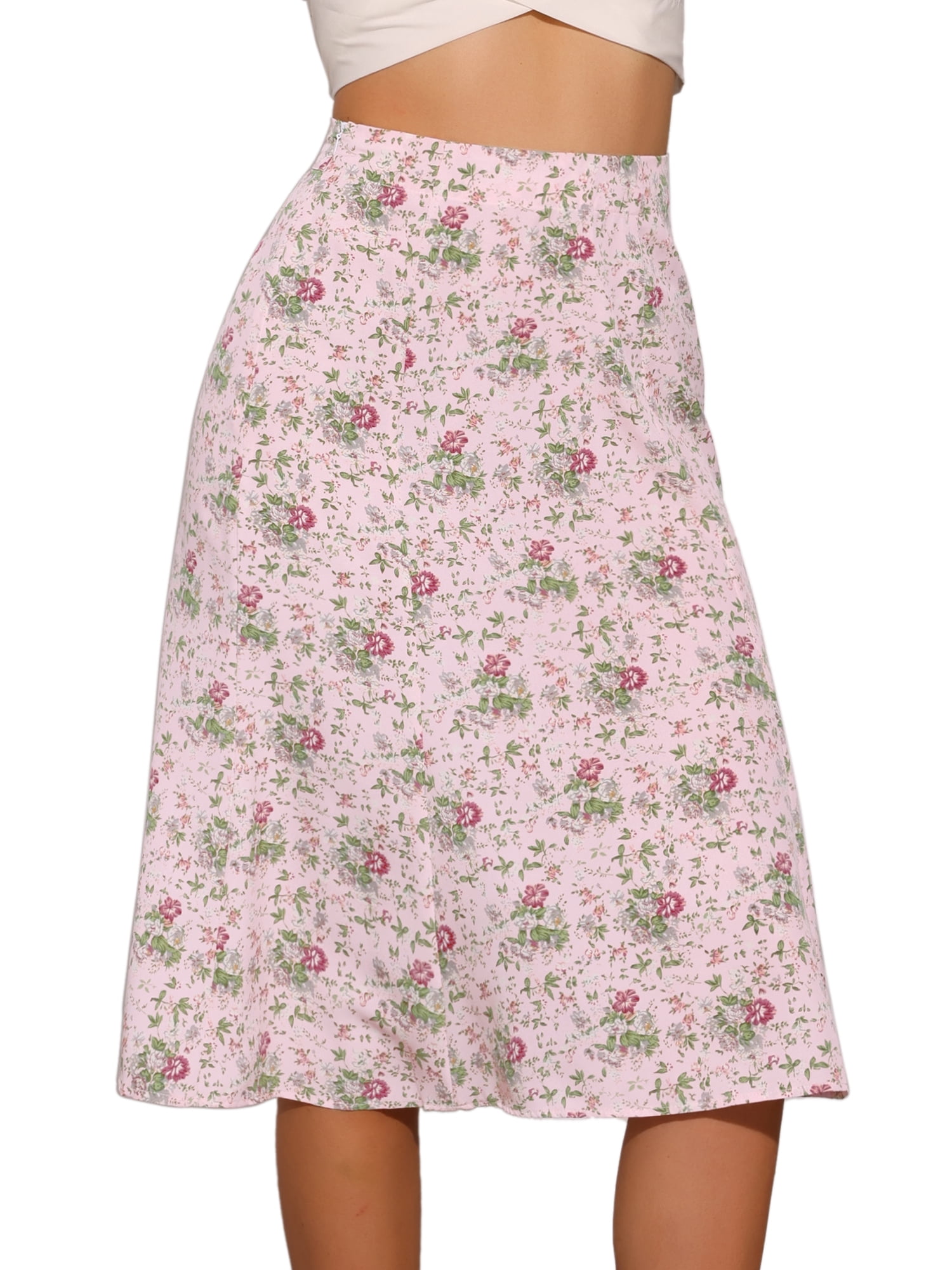 DARING DIVA Women's Elastic Waist A-Line Floral Print Midi Skirt M Pink Flower